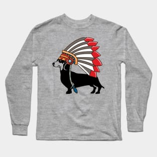 Dachshund dog native American Indian feathers hat Long Sleeve T-Shirt